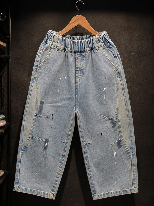 Kids Light Blue Wide Leg Jeans | Premium Denim | Paint Splash Design | 6–12 Years