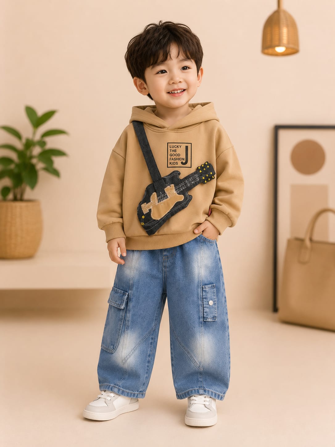Boys Premium Hoodie & Denim Set with Guitar Sling Bag | Beige | 18–26