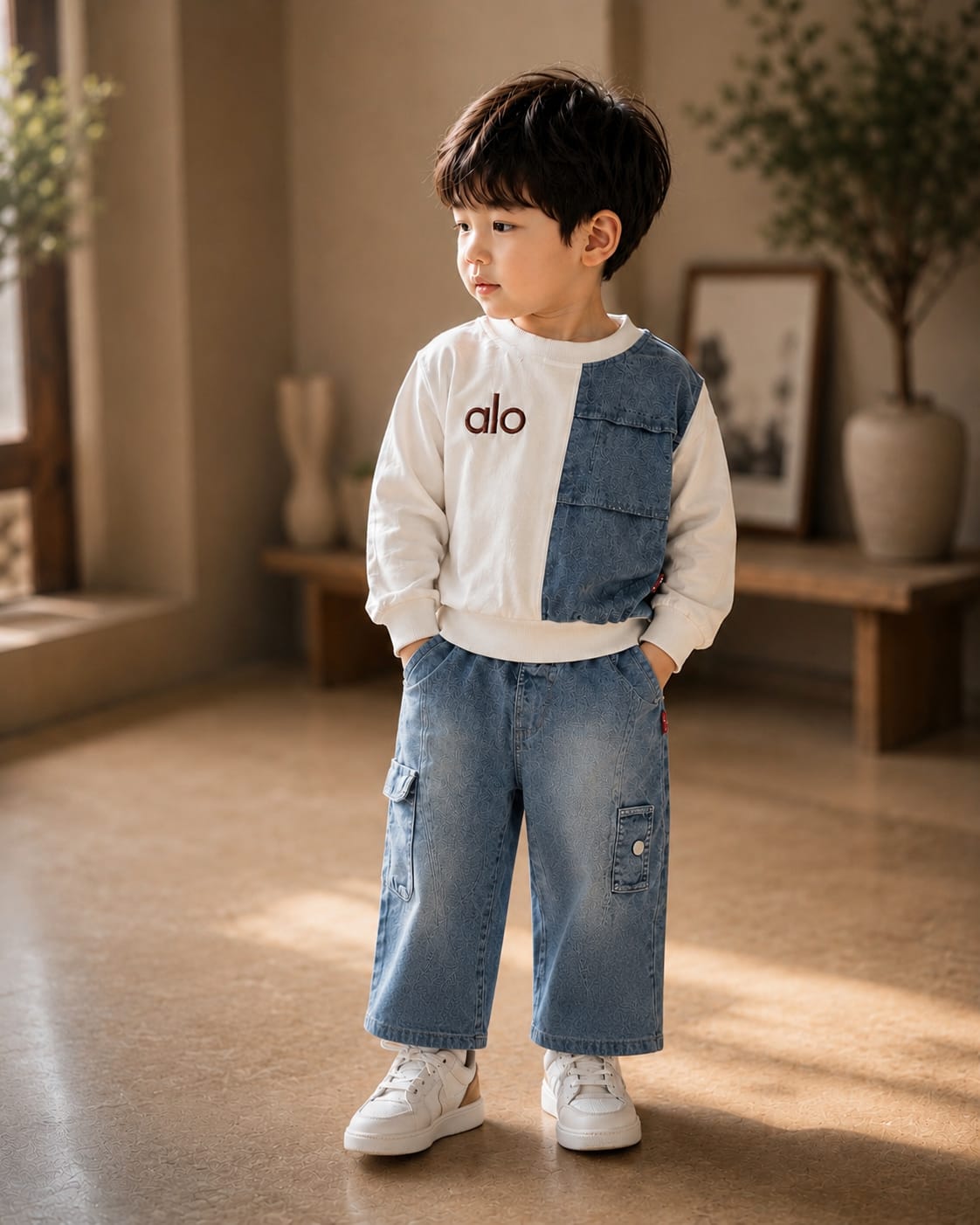 Baby Boys Premium 2-Piece Denim Co-Ord Set | Color Block Sweatshirt & Cargo Jogger Jeans | Casual Outfit | Sizes 18–26