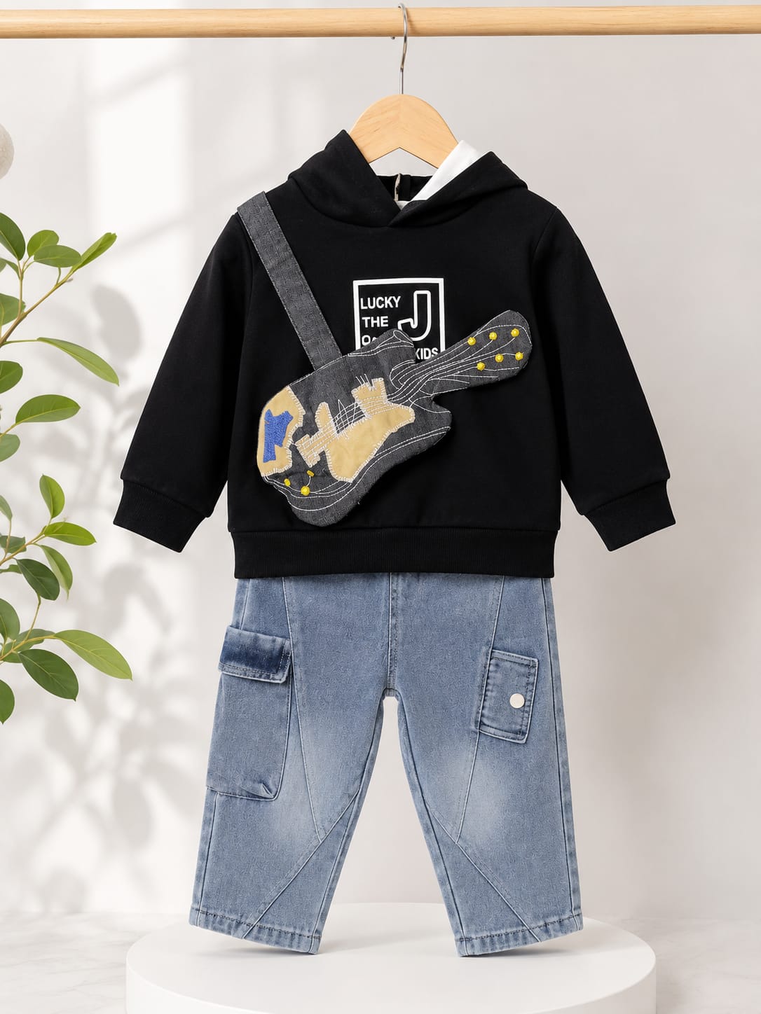 Kids Premium Hoodie & Denim Cargo Co-Ord Set with Guitar Sling Bag | Boys | Sizes 18–26