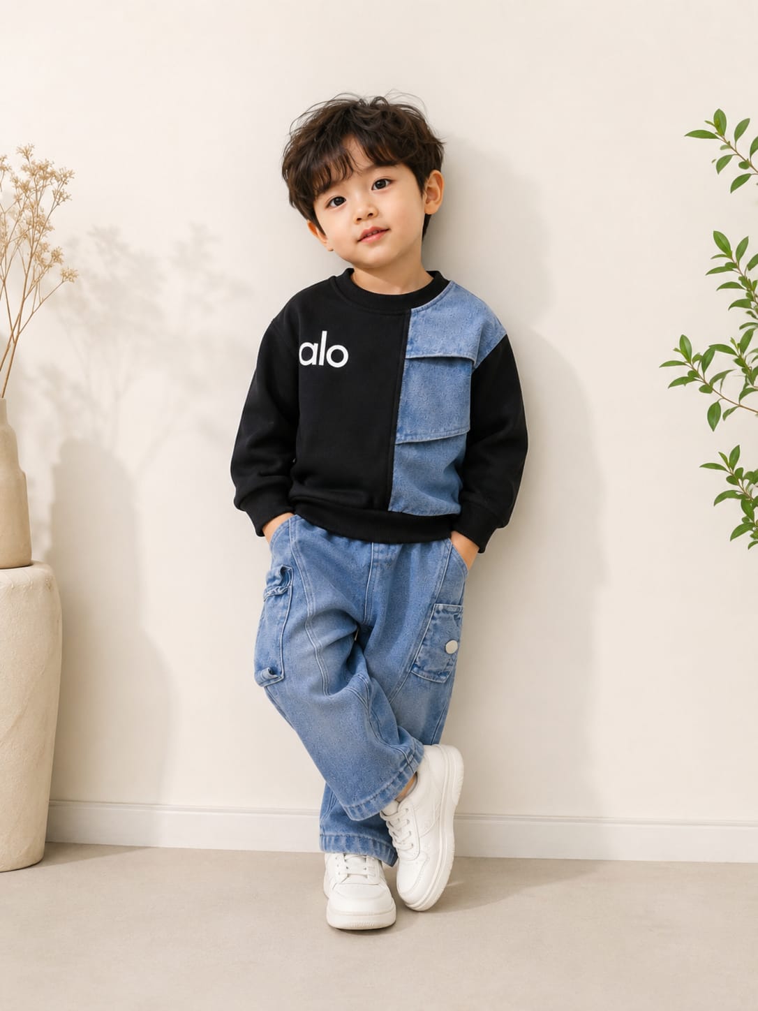Kids Premium Denim Cargo Co-Ord Set | Black & Blue Sweatshirt with Cargo Jogger Jeans | Boys | Sizes 18–26