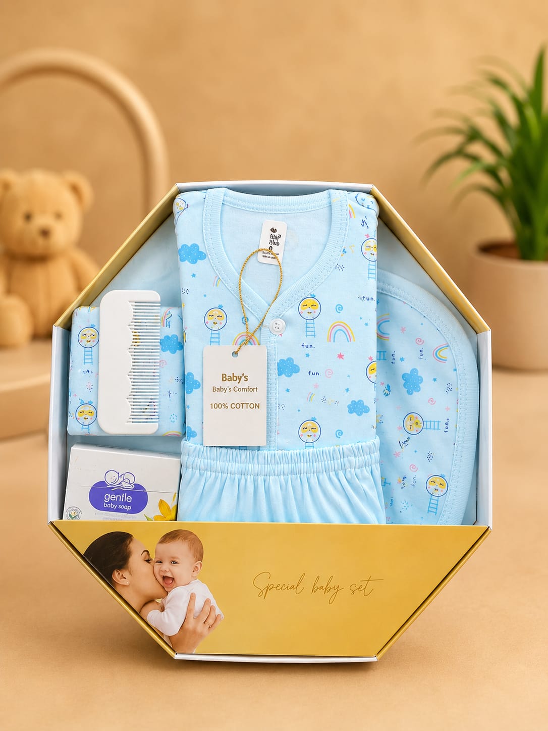 Newborn Baby Gift Set (7 Pcs) | 100% Cotton | Soft & Comfortable | Blue