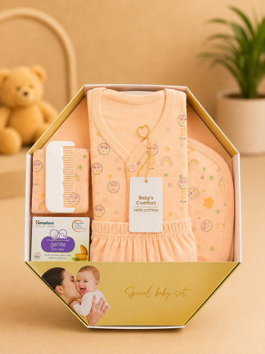 Newborn Baby Gift Set (7 Pcs) | 100% Cotton | Soft & Comfortable | Peach