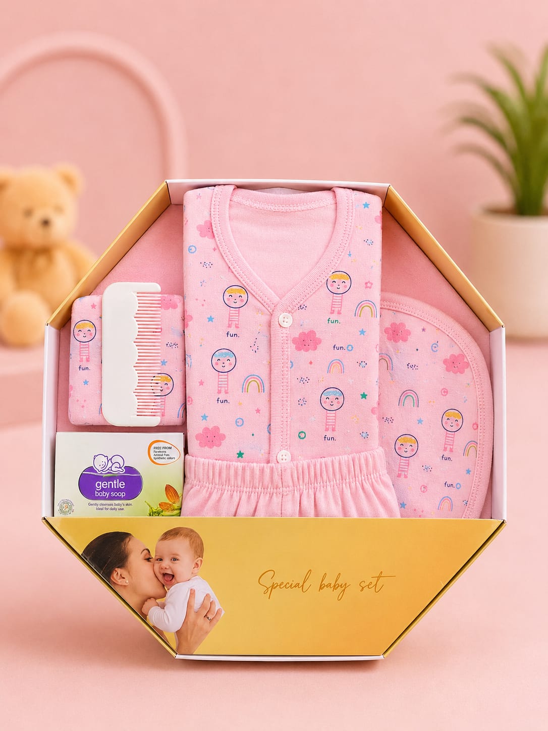 Newborn Baby Gift Set (7 Pcs) | 100% Cotton | Soft & Comfortable | Pink