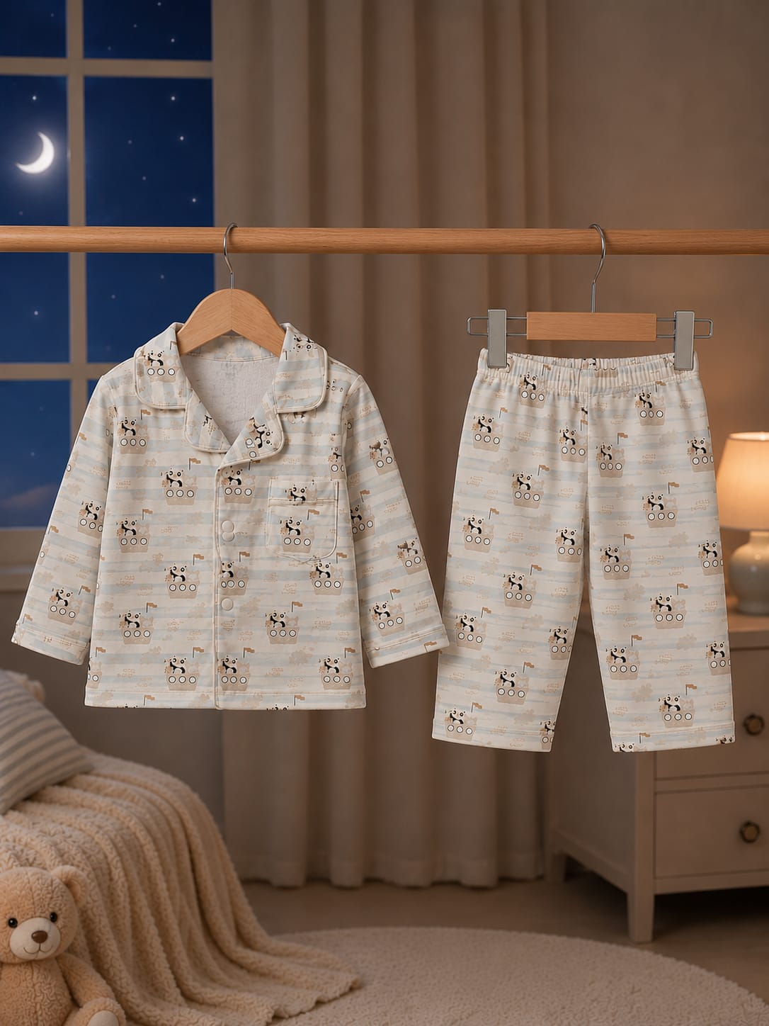 Baby Boys Cotton Night Suit Set – Full Sleeve Shirt & Pajama 2 Pcs Sleepwear | Cream | 6 Months–18/24 Months
