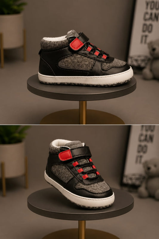 Baby Boys Casual High-Top First Walker Shoes – Black & Grey | Soft Sole Infant Shoes