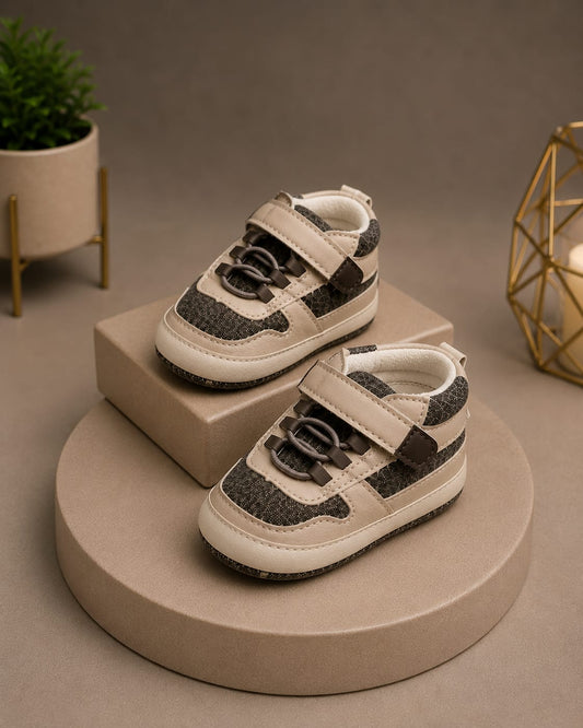 Baby Boys Casual Sports First Walker Shoes – Beige & Grey | Soft Sole Infant Shoes 0-3M - 9-12M