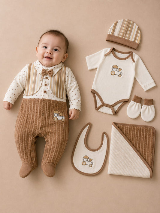 Newborn Baby 6 Pcs Cotton Clothing Set | Soft & Comfortable Baby Essentials Set | Brown & Cream | Unisex