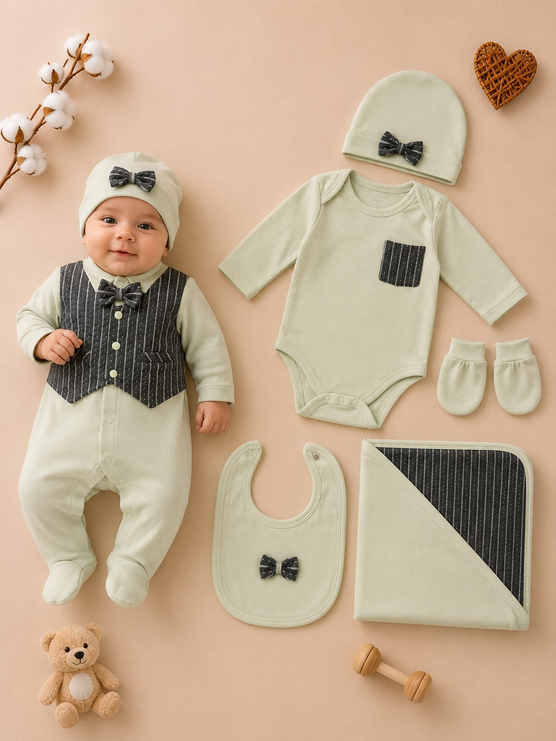 Newborn Baby 6 Pcs Premium Cotton Clothing Set | Soft Baby Essentials Set | Mint Green | Unisex