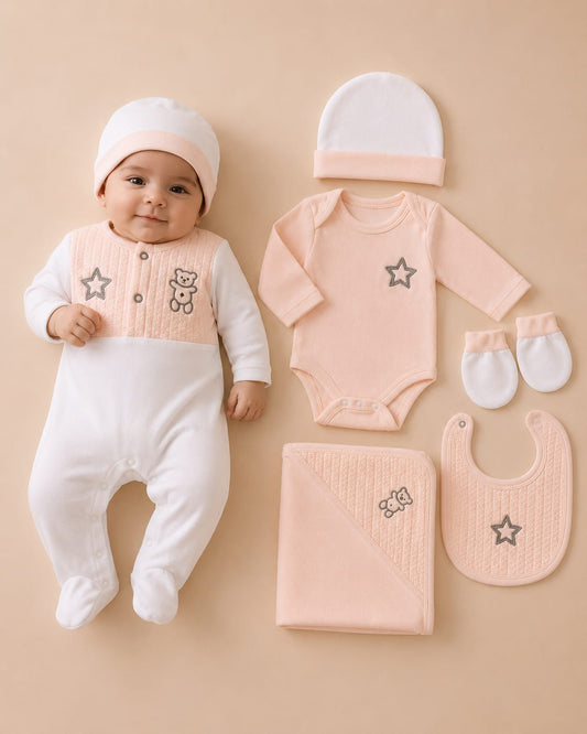 Newborn Baby 6 Pcs Premium Cotton Clothing Set | Soft Baby Essentials Set | Peach & White | Unisex