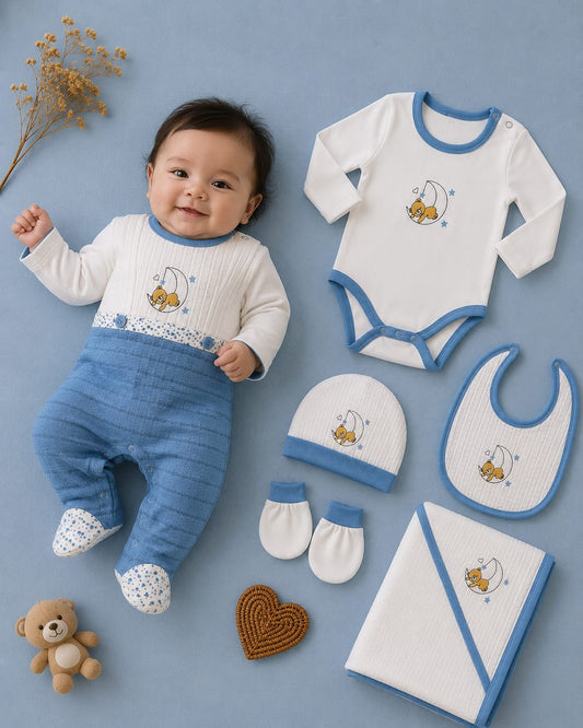 Newborn Baby 6 Pcs Premium Cotton Clothing Set | Soft Baby Essentials Set | Blue & White | Unisex
