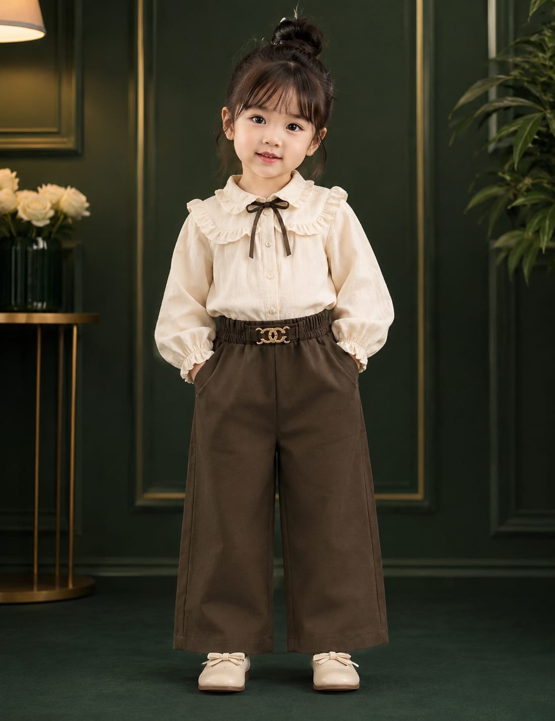 Girls Premium Brown Wide Leg Pants with Designer Buckle | Soft Stretch Casual Trousers (1-6 Years)