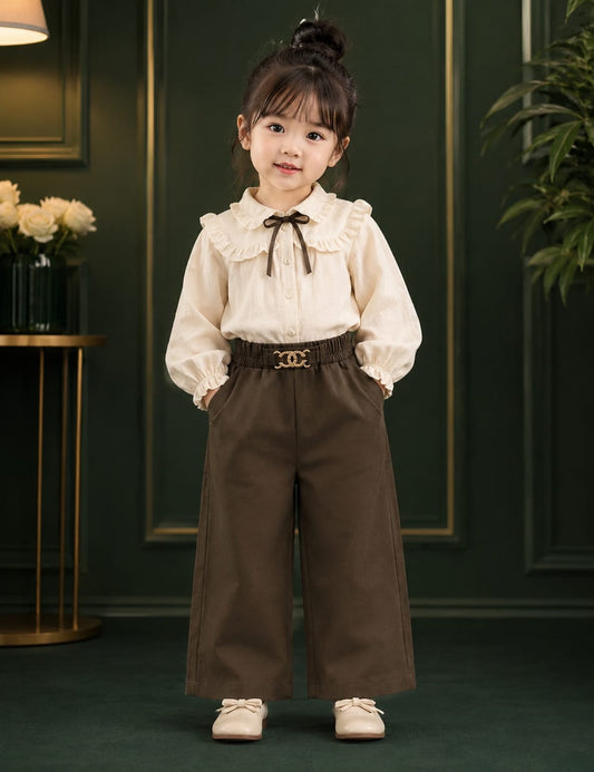 Girls Premium Brown Wide Leg Pants with Designer Buckle | Soft Stretch Casual Trousers (1-6 Years)