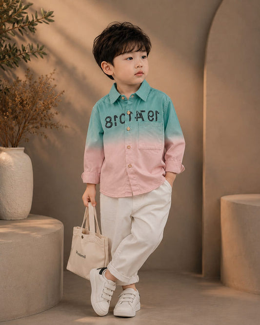 Premium Boys Green & Pink Ombre Cotton Full Sleeve Shirt | Casual & Party Wear | Sizes 2–7 Years