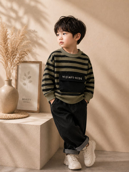 Boys Striped Cotton Fleece Sweatshirt with Utility Pocket | Premium Full Sleeve Casual Sweatshirt | 6–12 Years