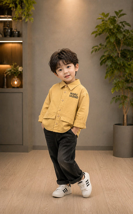 Premium Boys Mustard Full Sleeve Cotton Shirt | Casual Party Wear | Sizes 2–7 Years