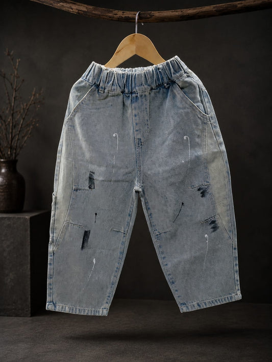 Kids Light Blue Wide Leg Jeans | Premium Denim | Paint Splash Design | 6–12 Years