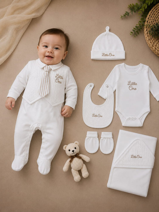 Newborn Premium 6 Pcs Baby Clothing Set | Soft Cotton Romper, Bodysuit, Cap, Bib, Mittens & Blanket | White
