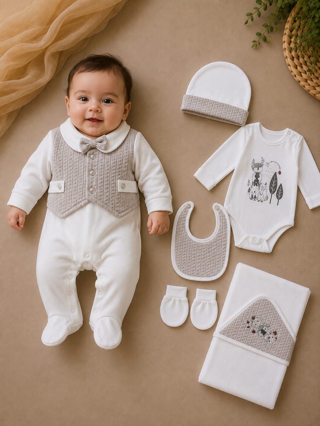 Newborn Premium 6 Pcs Baby Clothing Set | Soft Cotton Romper, Bodysuit, Cap, Bib, Mittens & Blanket | White & Beige