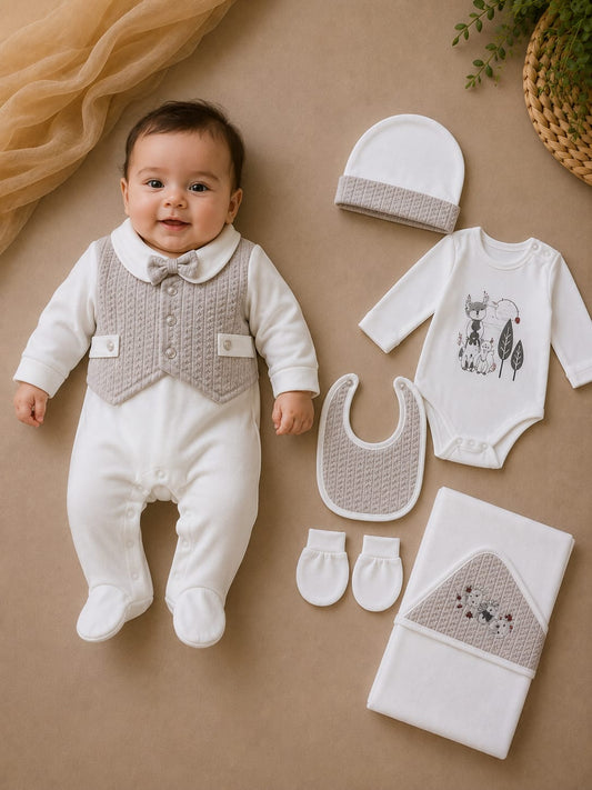 Newborn Premium 6 Pcs Baby Clothing Set | Soft Cotton Romper, Bodysuit, Cap, Bib, Mittens & Blanket | White & Beige