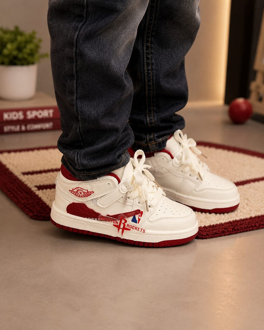 WANSTER Kids High-Top Casual Sneakers | White & Red Sports Shoes | Velcro & Lace Closure | EU Size 26–37