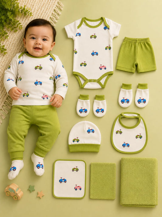 Newborn Premium 11 Pcs Baby Clothing Set | Soft Cotton Complete Baby Essentials Kit | Green