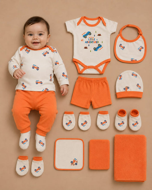 Newborn Premium 11 Pcs Baby Clothing Set | Soft Cotton Complete Baby Essentials Kit | Orange