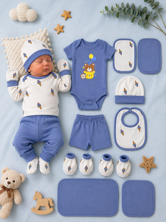 Newborn 11 Pcs Cotton Baby Clothing Gift Set – Blue Ice Cream Print | Soft Baby Essentials | Unisex