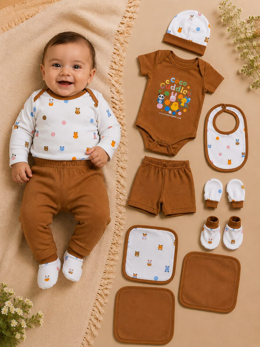 Newborn 11 Pcs Cotton Baby Clothing Set – Brown Animal Print | Soft Baby Essentials | Unisex