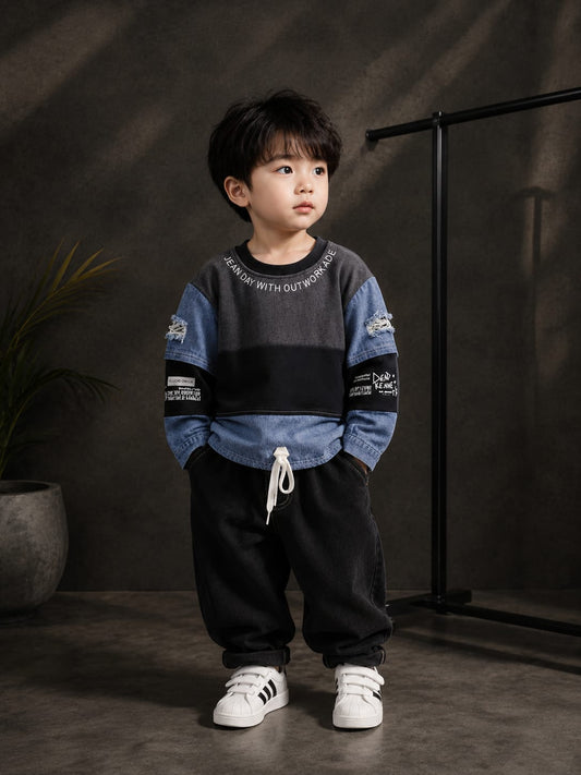 Boys Premium Denim Patchwork All Season Sweatshirt | Casual Full Sleeve Top | Sizes 18–26