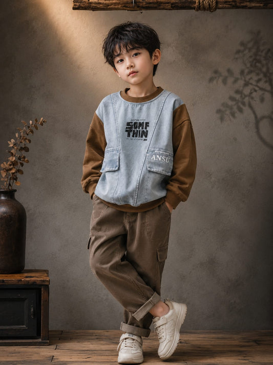 Boys Premium Denim Look Sweatshirt | Full Sleeve Casual Cotton Blend Sweatshirt | Ages 6–12 Years