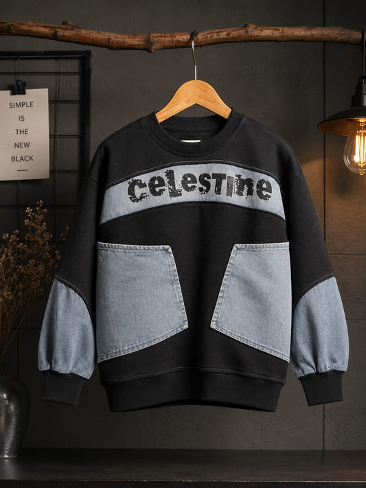 Kids Denim Patch Sweatshirt | Black & Sky Blue All Weather Sweatshirt | 7–9 Years