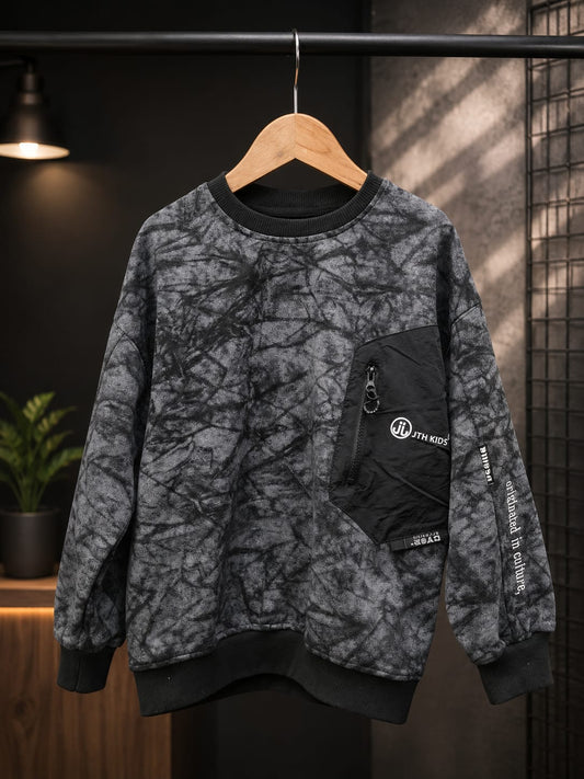 Boys Premium All Season Printed Sweatshirt with Utility Pocket | Full Sleeve Casual Wear | Black | 6–12 Years