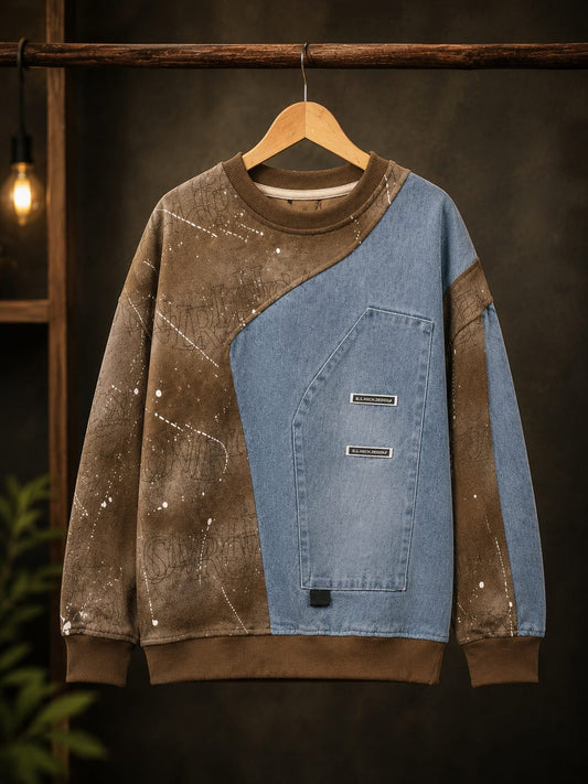 Boys Denim Patchwork Cotton Fleece Sweatshirt | Premium Full Sleeve Casual Sweatshirt | 6–12 Years