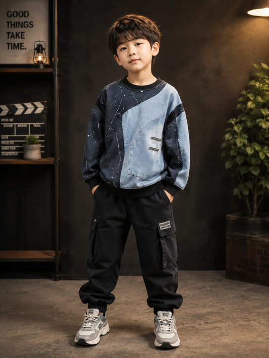Boys Denim Patchwork Fleece Sweatshirt | Premium Full Sleeve Casual Sweatshirt | 6–12 Years