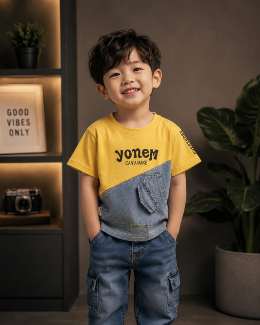 Boys Premium Denim Patch Half Sleeve Cotton T-Shirt | Casual Summer Wear | 1-7 Years
