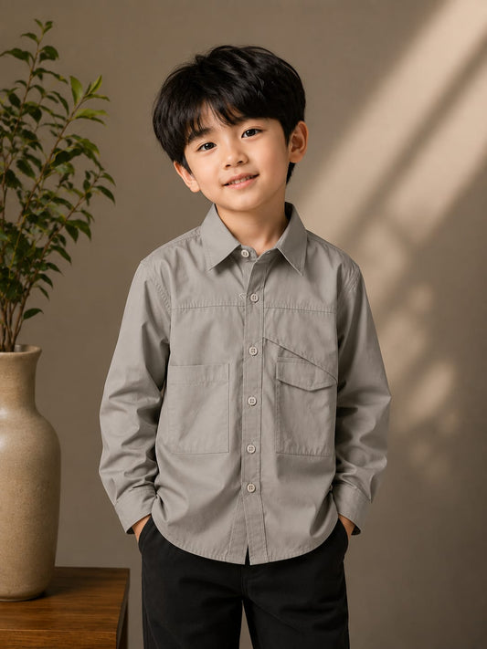 Premium Boys Solid Full Sleeve Casual Shirt | Cotton Blend Utility Pocket Shirt | Sizes 2–10 Years