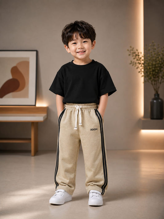 Kids Beige All Season Side Stripe Track Pant | Soft & Comfortable Casual Bottom Wear (Size 18–26)