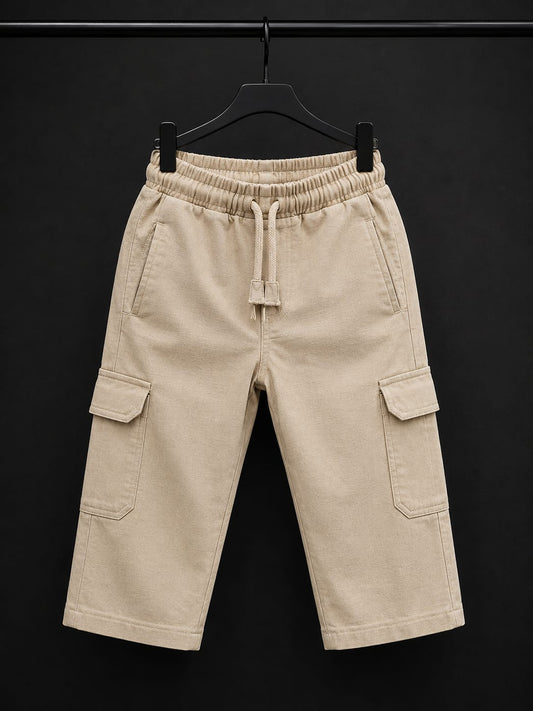 Kids Beige Cargo Track Pant | All Season Soft Cotton Casual Bottom Wear with Cargo Pockets (Size 18–26)