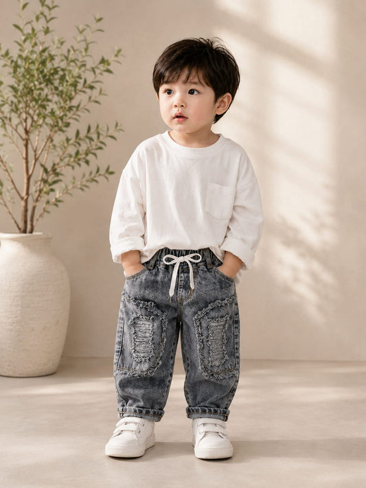 Wanster Baby Boys Grey Washed Ripped Denim Jeans | Premium Soft Elastic Waist | 6 Months to 3 Years
