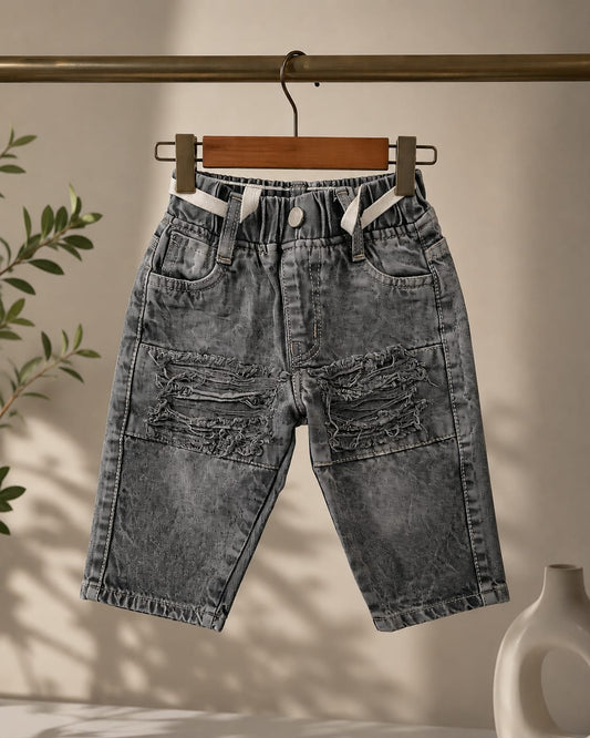 Wanster Baby Boys Ripped Denim Jeans | Premium Soft Elastic Waist | Black Wash | 6 Months to 3 Years