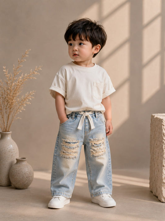 Wanster Baby Boys Ripped Denim Jeans | Premium Soft Elastic Waist | Light Blue | 6 Months to 3 Years