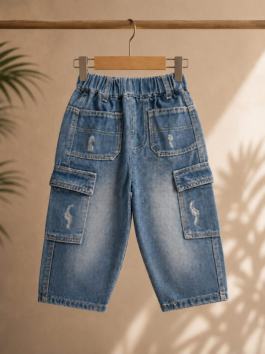 Kids Premium Cargo Baggy Denim Jeans | Multi Pocket | Elastic Waist | Size 18-26