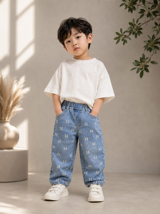 Kids Premium Self Design Denim Jeans | Elastic Waist | Light Blue | Size 18-26