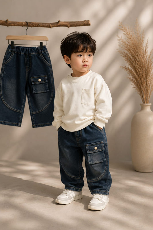 Kids Premium Denim Cargo Jeans | Single Utility Pocket | Elastic Waist | Size 18-26