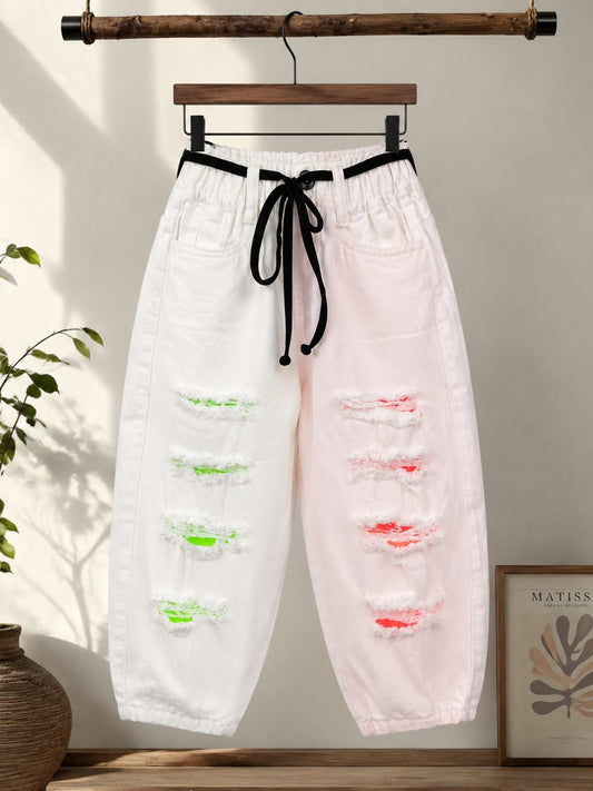 Wanster Kids Premium Color Block Distressed Denim White Jeans | Elastic Waist | Size 18-26