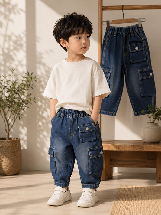 Kids Premium Denim Cargo Jogger Jeans | Elastic Waist | Dark Blue | Size 18-26