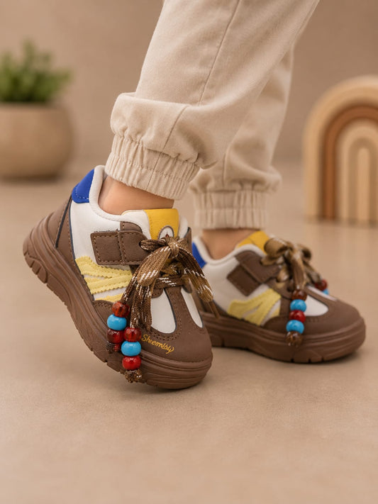 Kids Fashion Casual Sneakers | Lightweight Hook & Loop Shoes for Boys & Girls | Brown