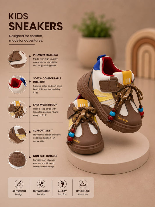 Kids Fashion Casual Sneakers | Lightweight Hook & Loop Shoes for Boys & Girls | Brown