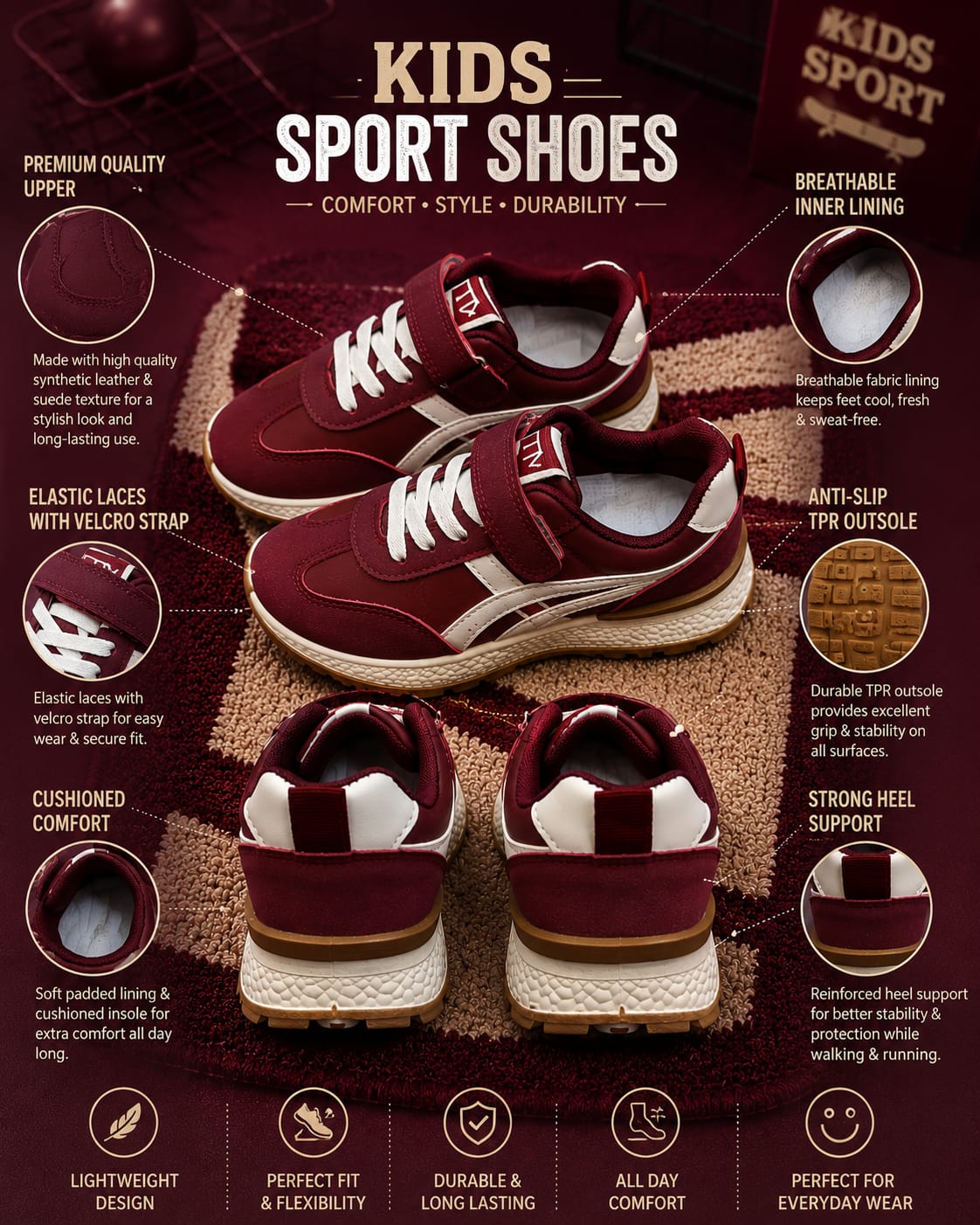 Kids Premium Sports Shoes for Boys | Lightweight Velcro Casual Sneakers (EU 27–31)